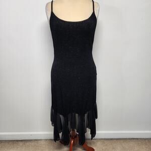Vintage Onyx Nite Black Slinky Midi Mermaid Dress Size 14 Sparkle Chiffon Trim